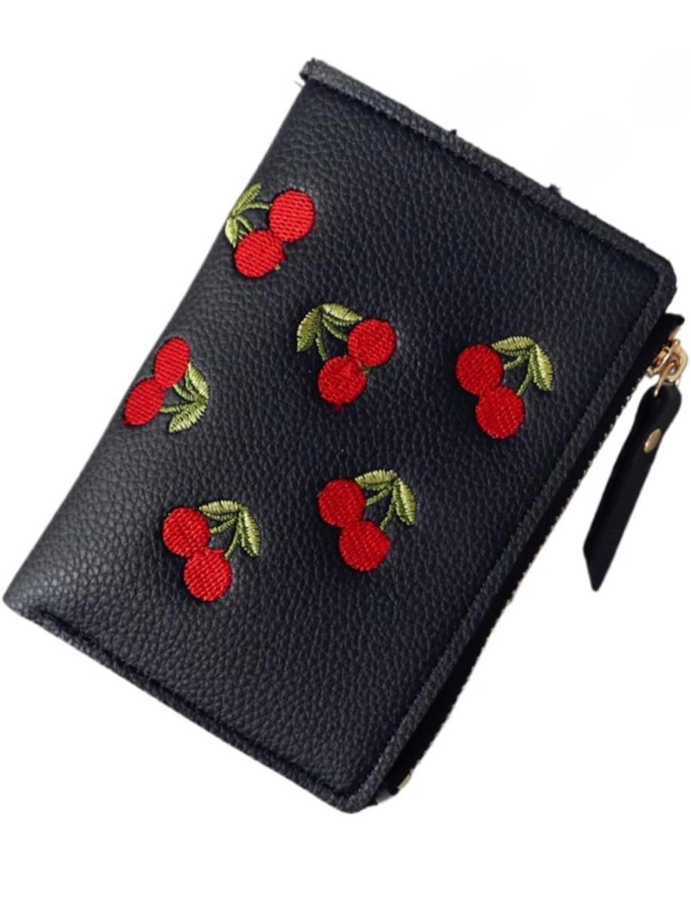 Vintage Black Cherry Embroidered Zip Wallet